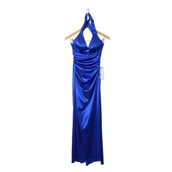 B Darlin Open Back Satin Royal Blue Size 5 Side Slit Maxi Dress NEW - Picture 4 of 9